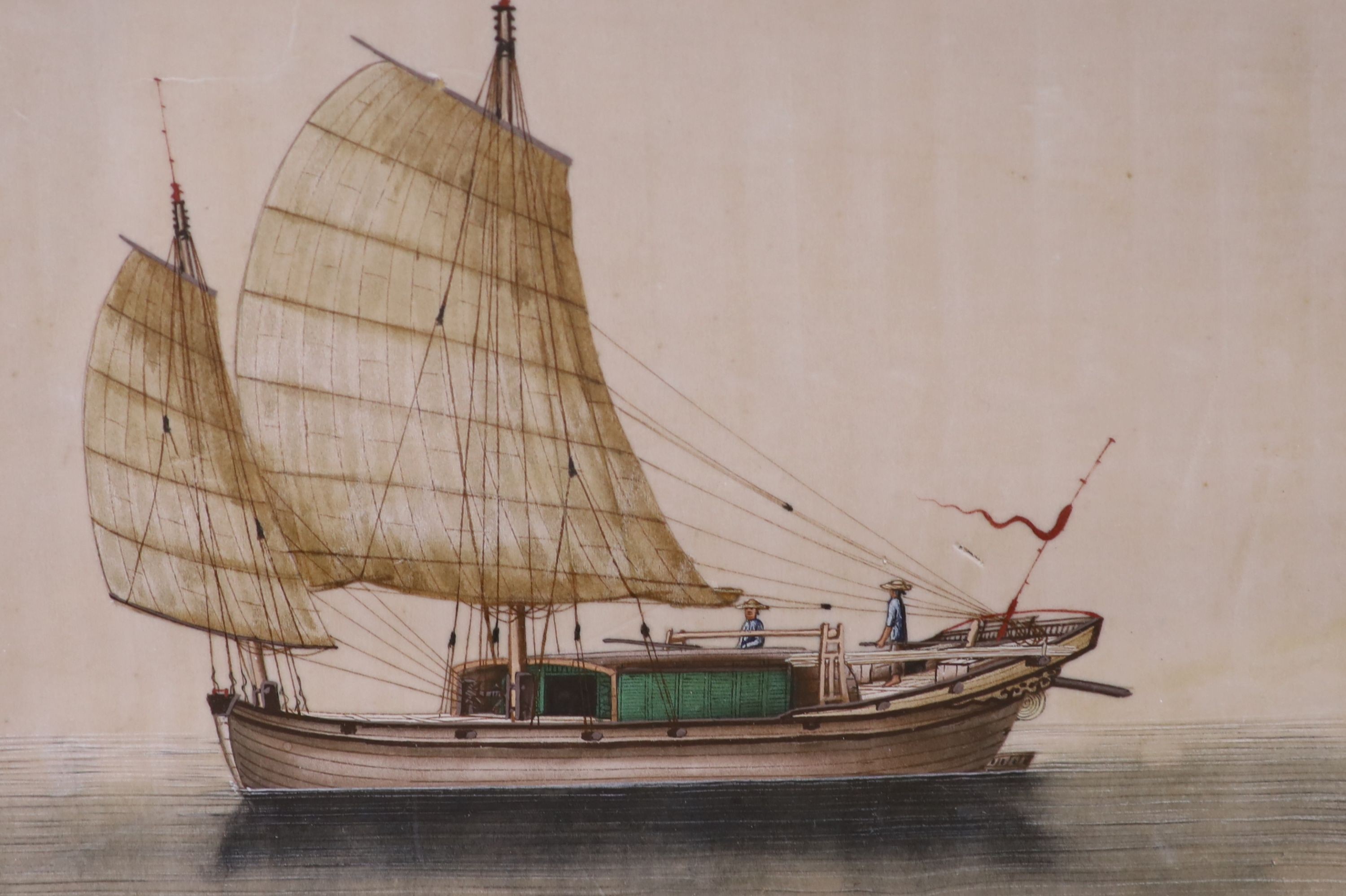 A set of four 19th century Chinese pith paper paintings of junk boats, each 18.5 x 27 cm